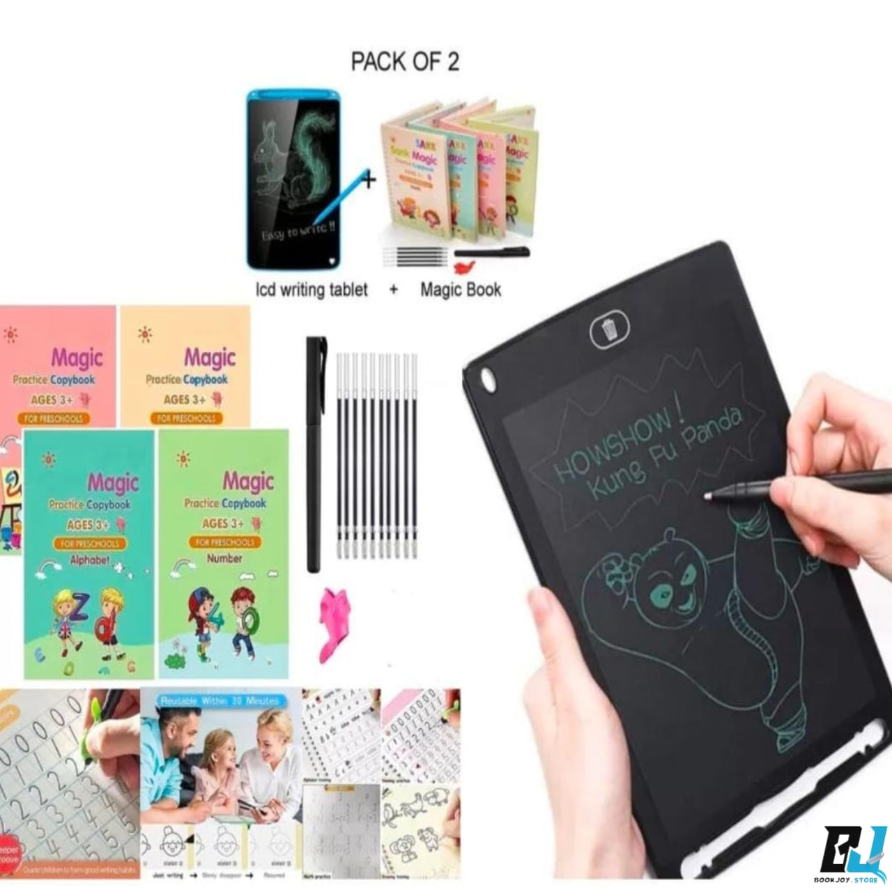 Digital writing pad+Magic Book Set (4 Book, 8 refill, 1 Pen, 1 Grip Pen)